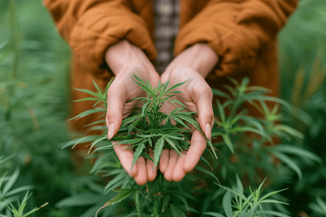 A person holding a plant with two hands.